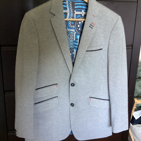 AU NOIR CLASSIC TWO BUTTON LEATHER DETAILED LIGHT GREY BLAZER SIZE SMALL - Picture 2 of 12
